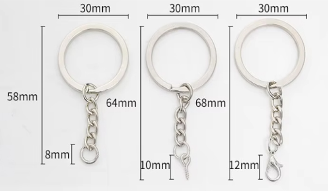 LLavero metálico 30 mms con cadena y gancho pack x 100