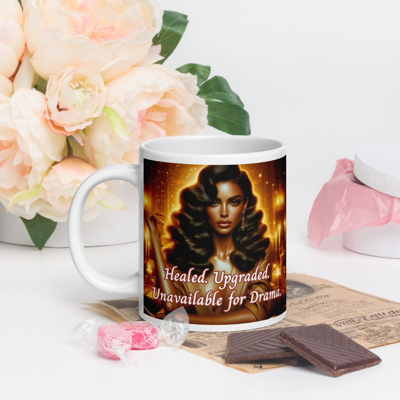 Healed. Upgraded. Unavailable for Drama. Mug