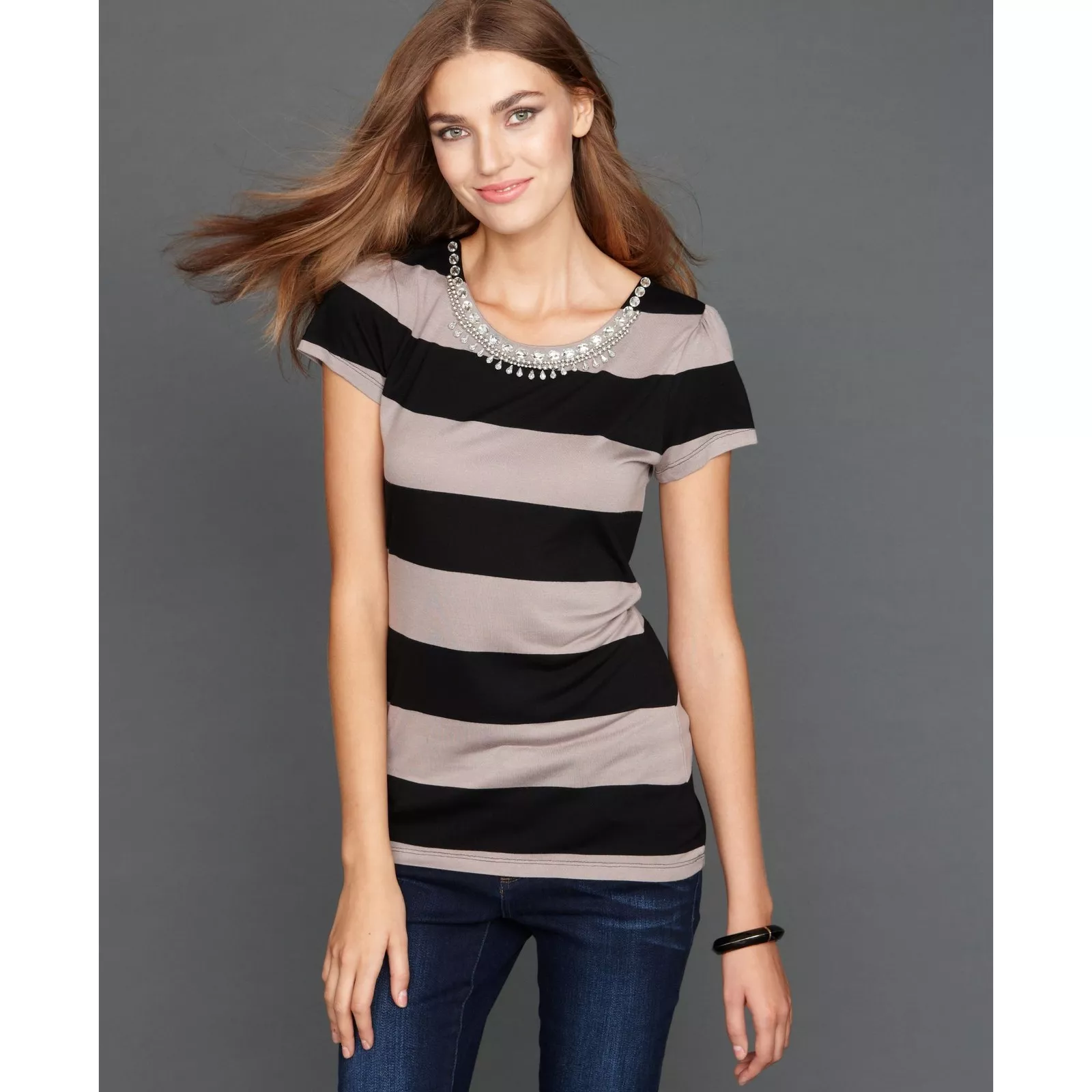 INC International Concepts Striped T-Shirt with Embellished Neckline PM