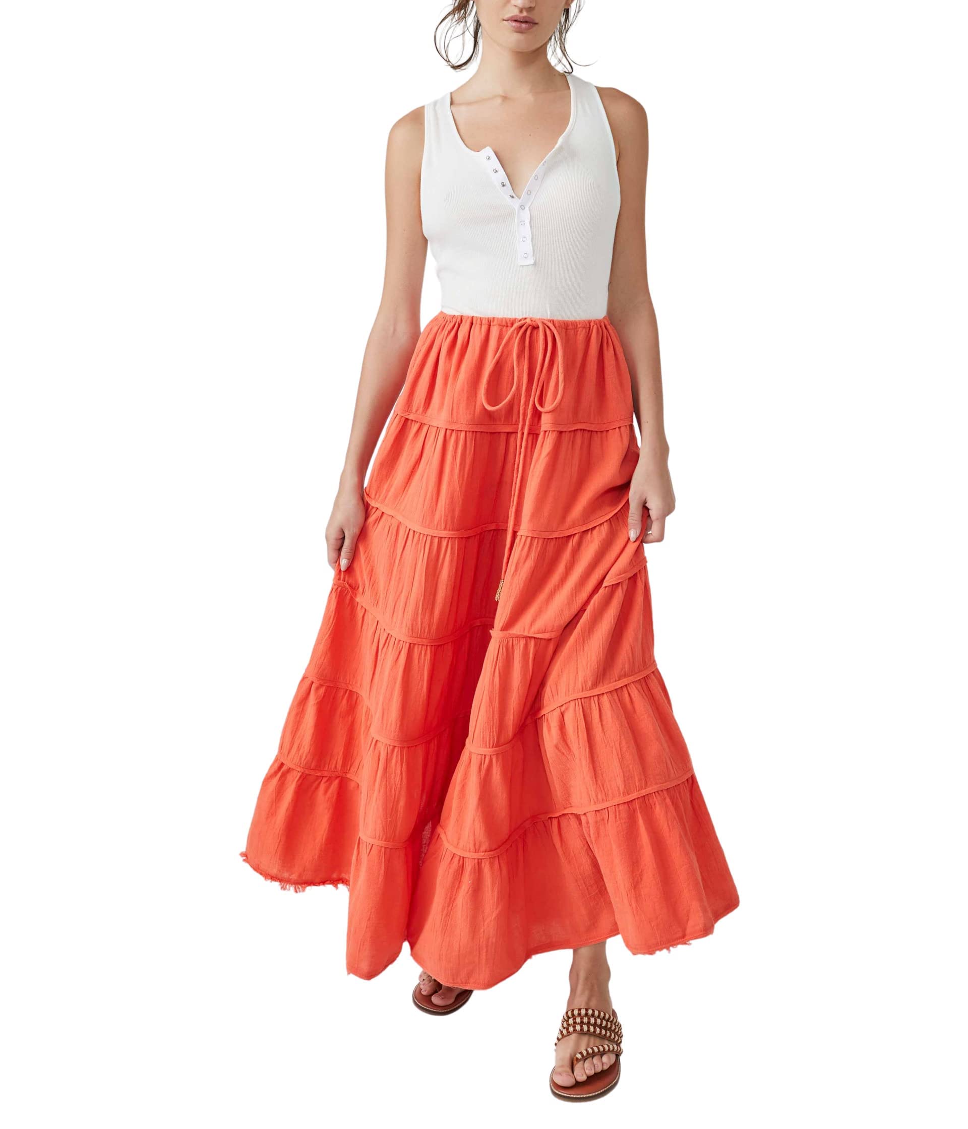 Free People Simply Smitten Maxi Skirt - A-line Silhouette - Stretchable Waist with Drawstring - Frayed Hem Zesty