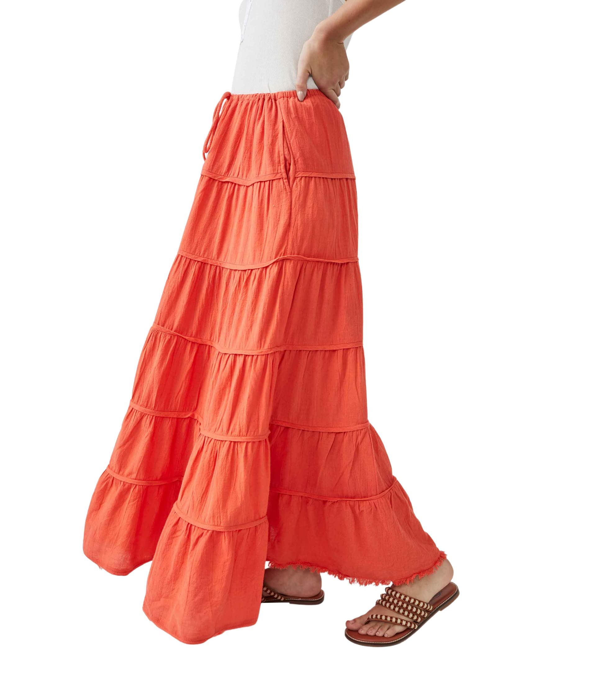 Free People Simply Smitten Maxi Skirt - A-line Silhouette - Stretchable Waist with Drawstring - Frayed Hem Zesty