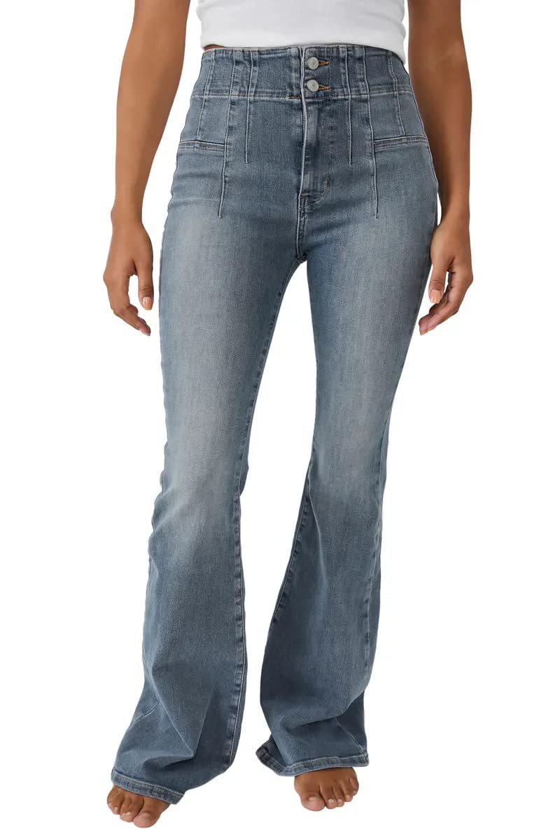 Free People Jayde Flare Jeans for Women - Cotton-Blend Construction - Stretch Denim Fabrication - High Rise Steel Blue 25