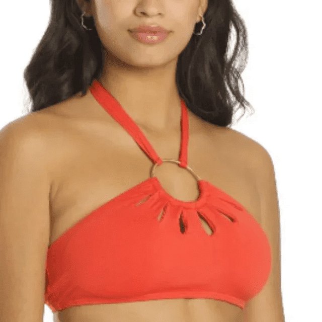 Vince Camuto ORANGE SUNSET Logo-Ring Cutout Halter Bikini Swim Top