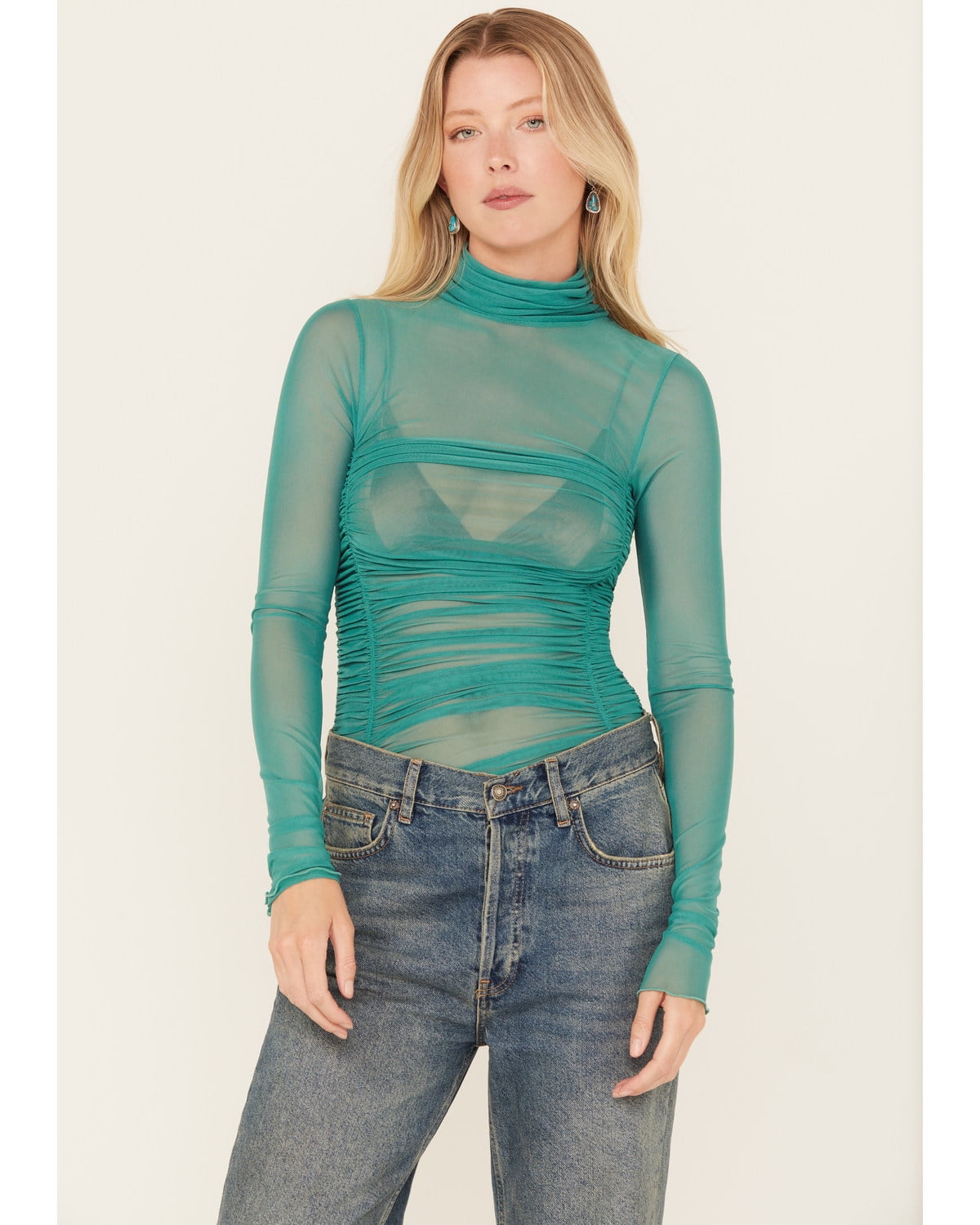 Free People Women's Under It All Ruched Mesh Bodysuit Teal