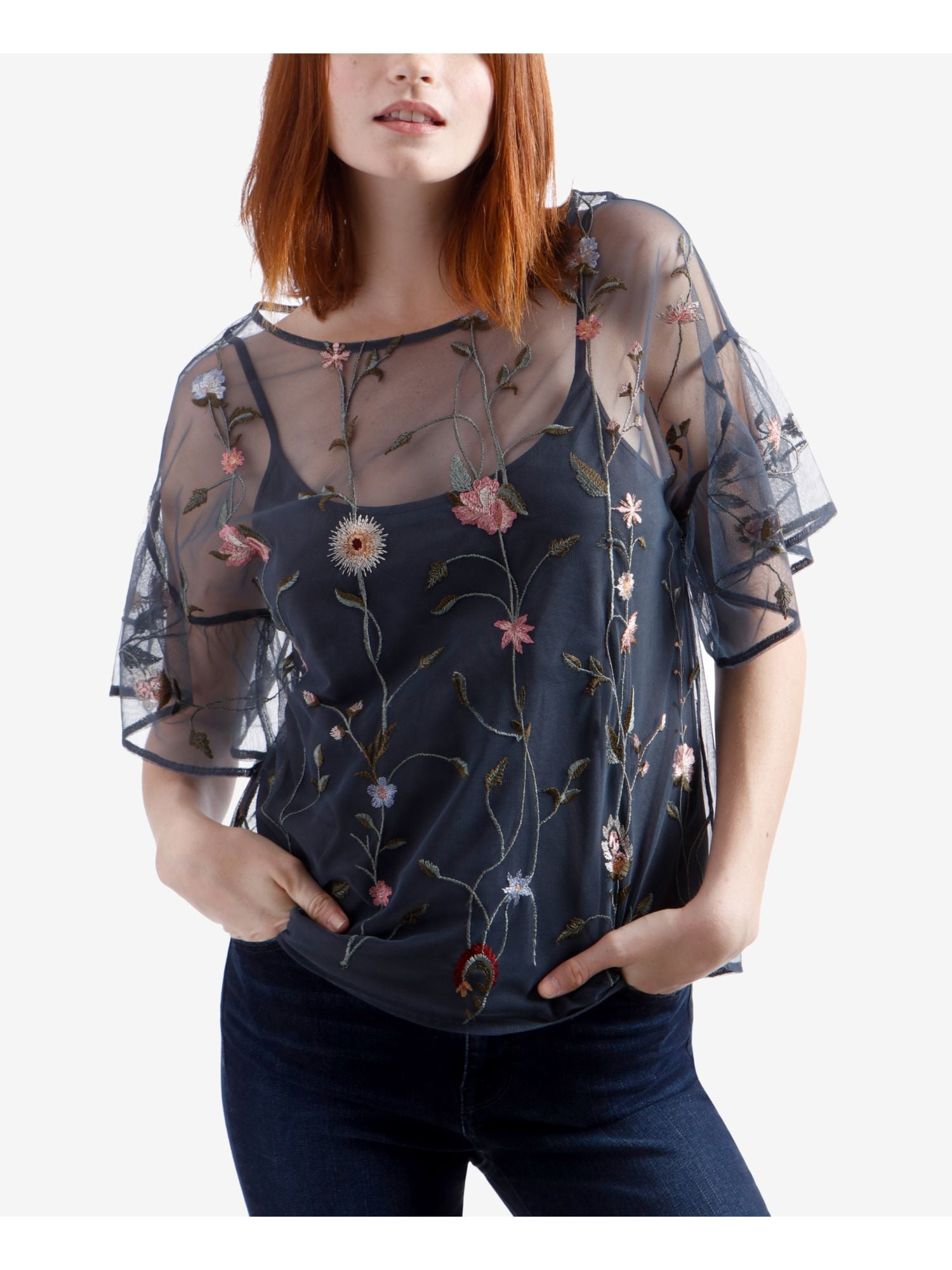 LUCKY BRAND Womens Navy Embroidered Sheer Floral 3/4 Sleeve Scoop Neck Evening Blouse