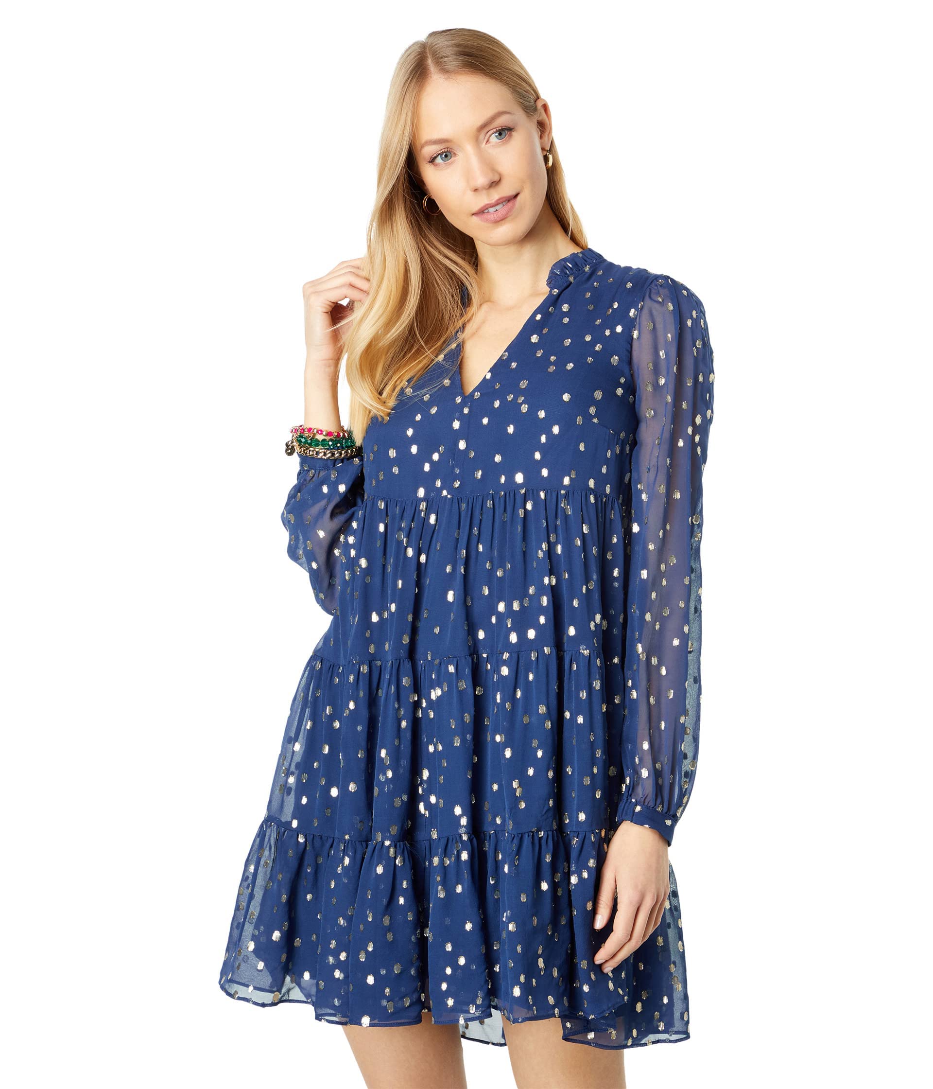 Lilly Pulitzer Sarita Silk Dress High Tide Navy Gold Metallic Silk Clip