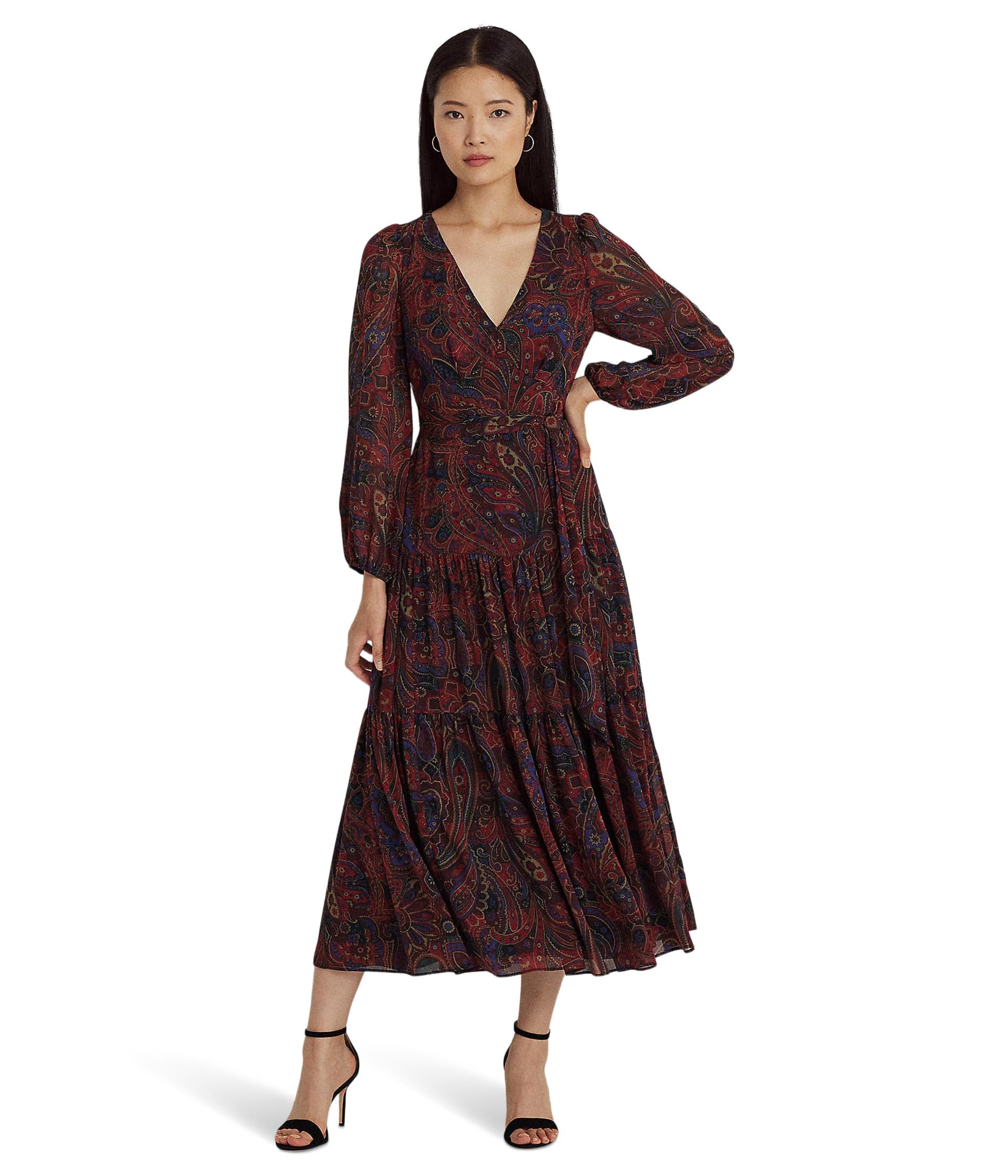 Ralph Lauren Dress Women's Checked Paisley Belted Georgette Dress, Red/Black/Multi