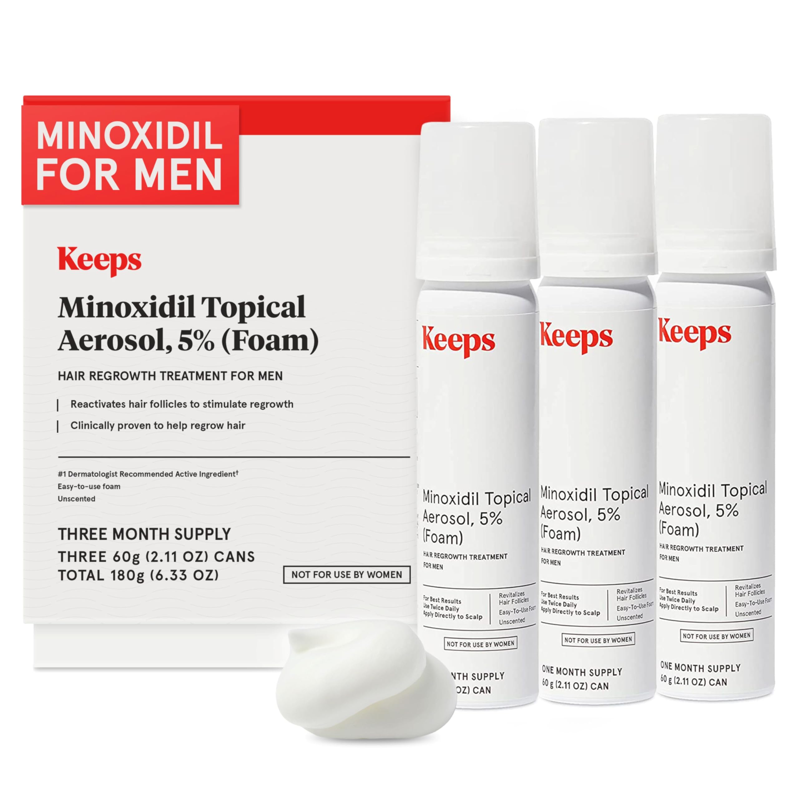 Keeps Extra Strength Minoxidil for Men Topical Aerosol Foam 5%, Hair Growth Treatment - 3 Month Supply (3 x 2.11oz Bottles)  Slows Hair Loss & Promotes Hair Regrowth