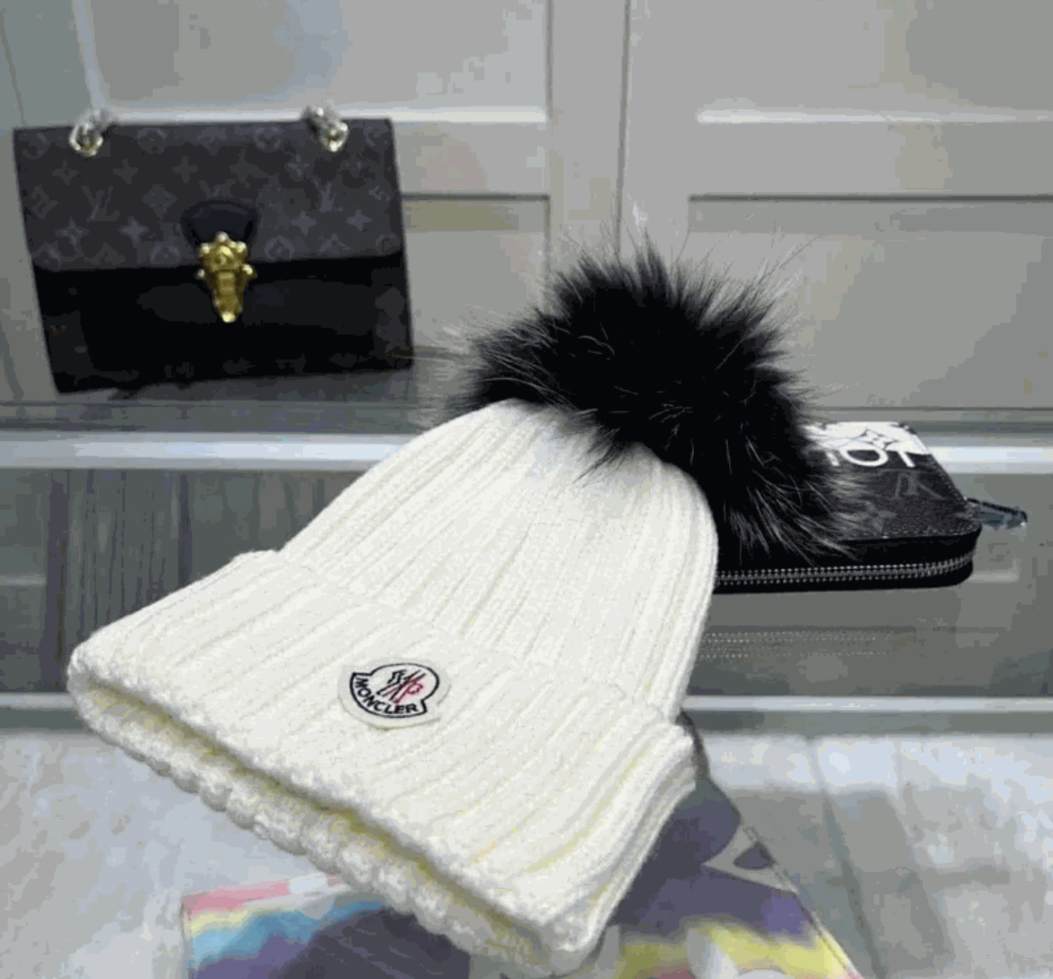 Monclear White Beanie with Black Fur Pom-Pom