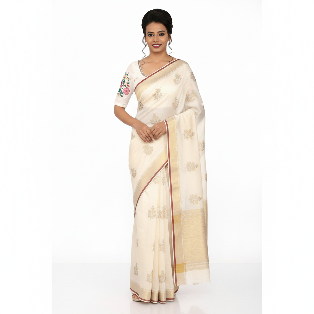 White Cotton Padded Blouse with Embroidered Half Sleeves & Front Opening.