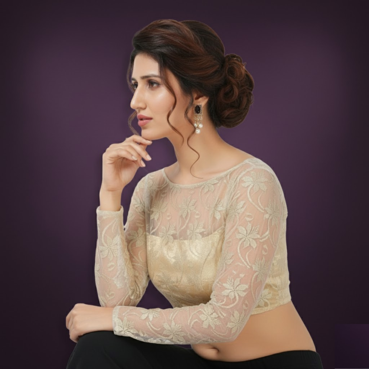 Elegant Light Gold Lace Boat Neck Blouse with Transparent Sleeves.