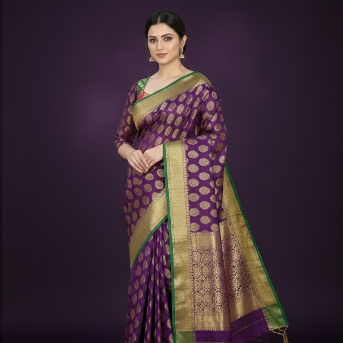  Rani Pink Brocade Blouse with Sheer Purple & Gold Sleeves.