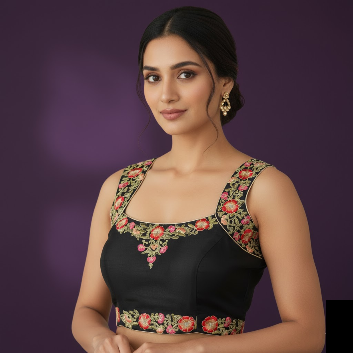 Blossom Black Sleeveless Blouse with Intricate Floral Ari Embroidery.