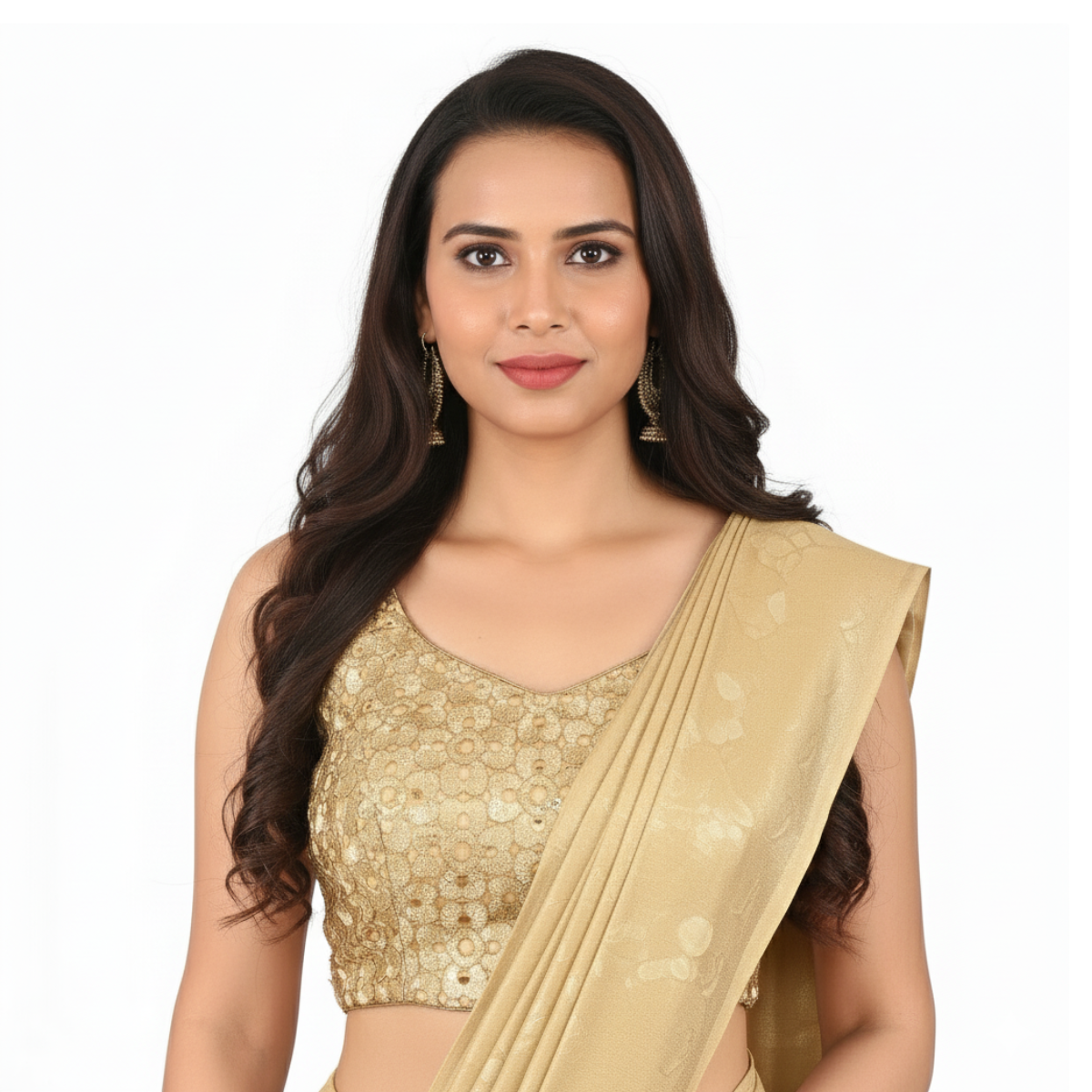 Elegant gold U-neck sleeveless brocade blouse with side opening.