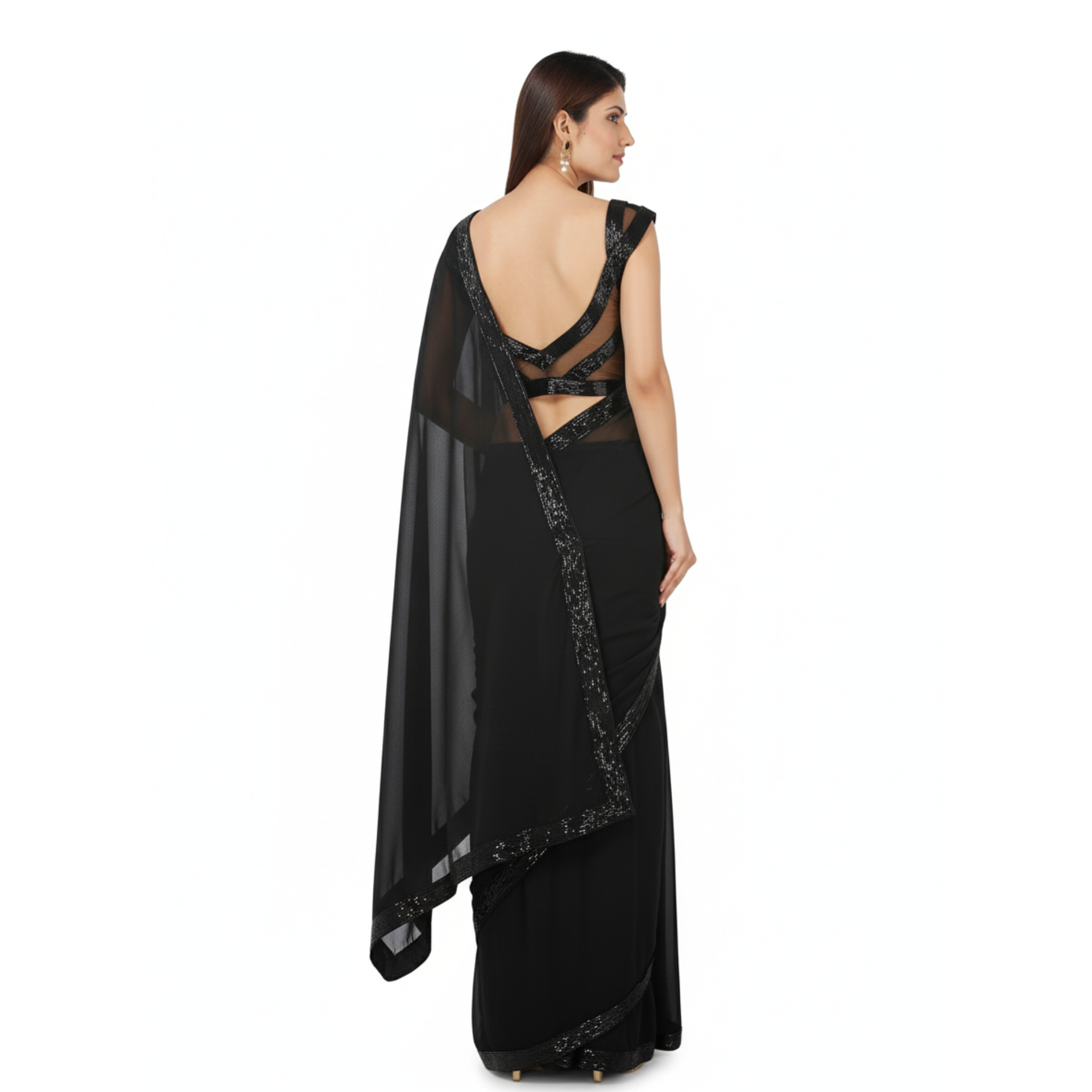 Classy black low cut sleeveless blouse in smooth Bengal silk, fully hand embroidered, padded with side opening