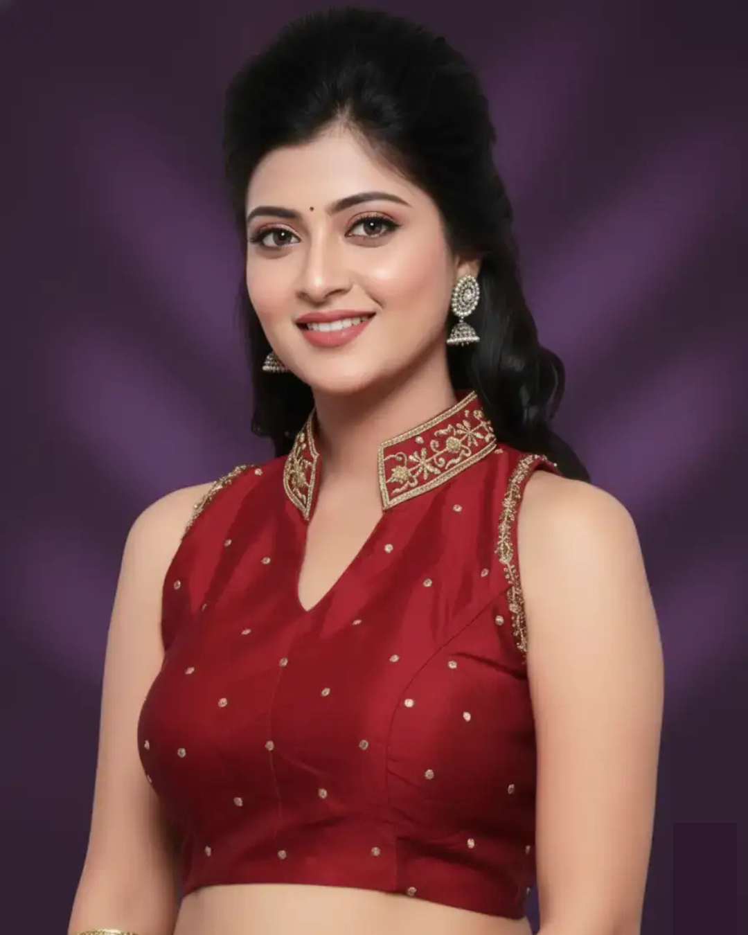 Rich Red Blouse with Intricate Golden Work and High Neck.