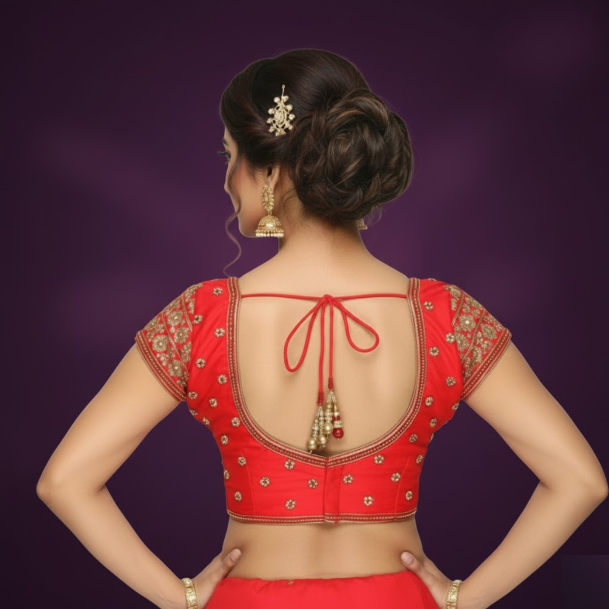 Red Silk Blouse with V-Neck & Mega Sleeves in Bengal Silk.