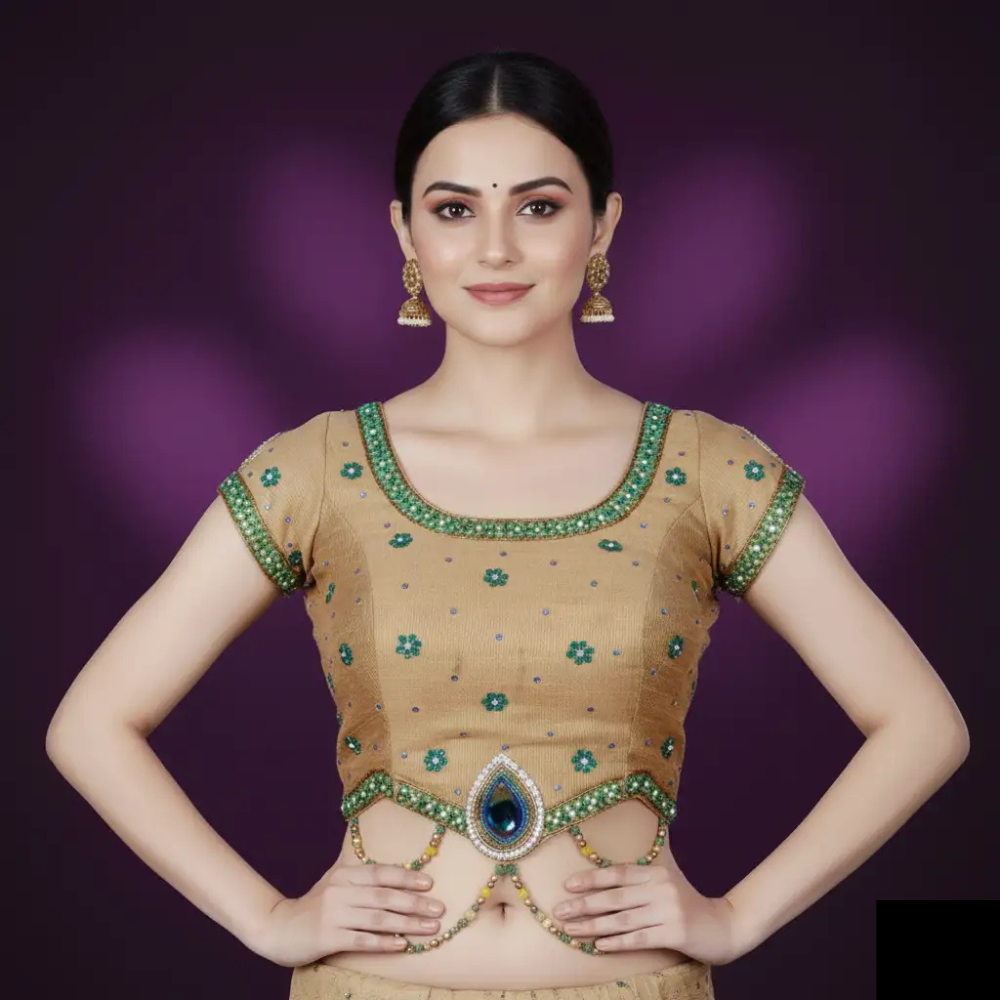 Elegant Beige Embellished Blouse with Floral Design.