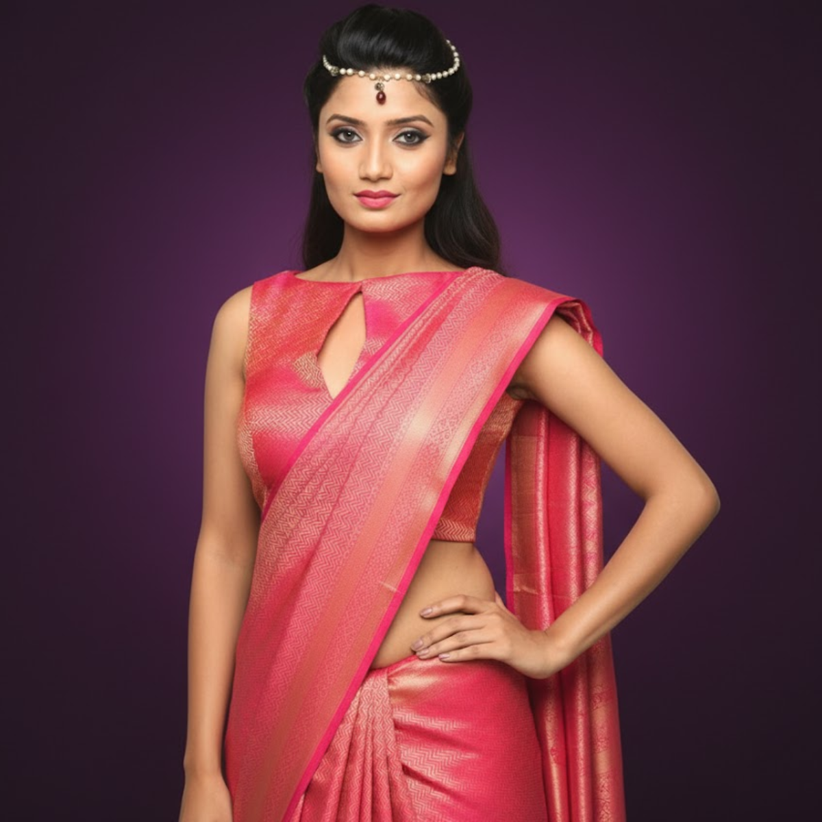 Pink Brocade Boat Neck Plunge Blouse.