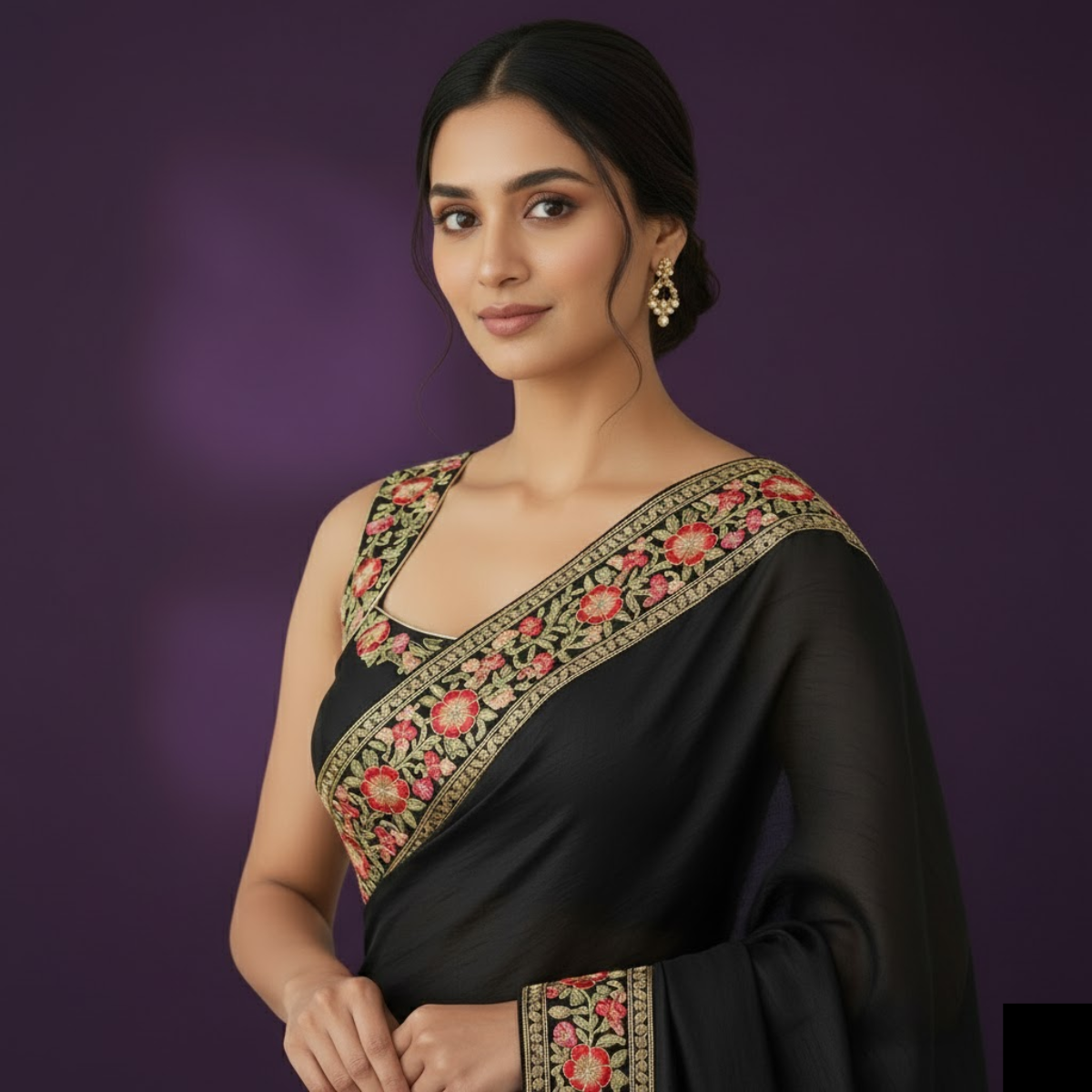  Blossom Black Sleeveless Blouse with Intricate Floral Ari Embroidery.