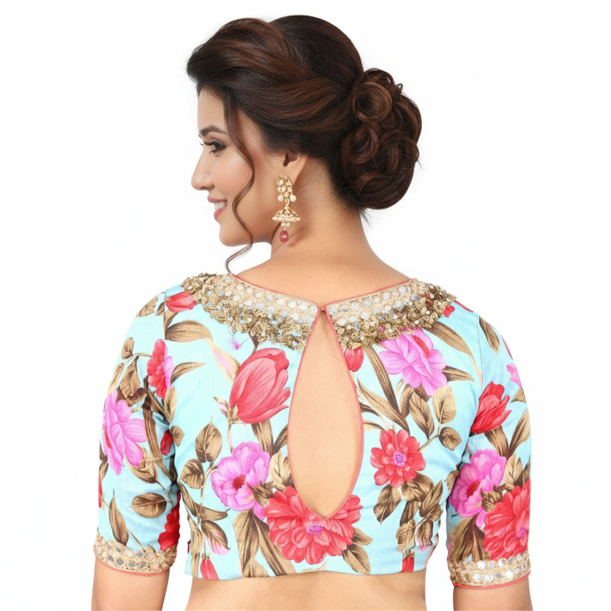 Embroidered Blue Floral Bengal Silk Blouse with Round Neck.