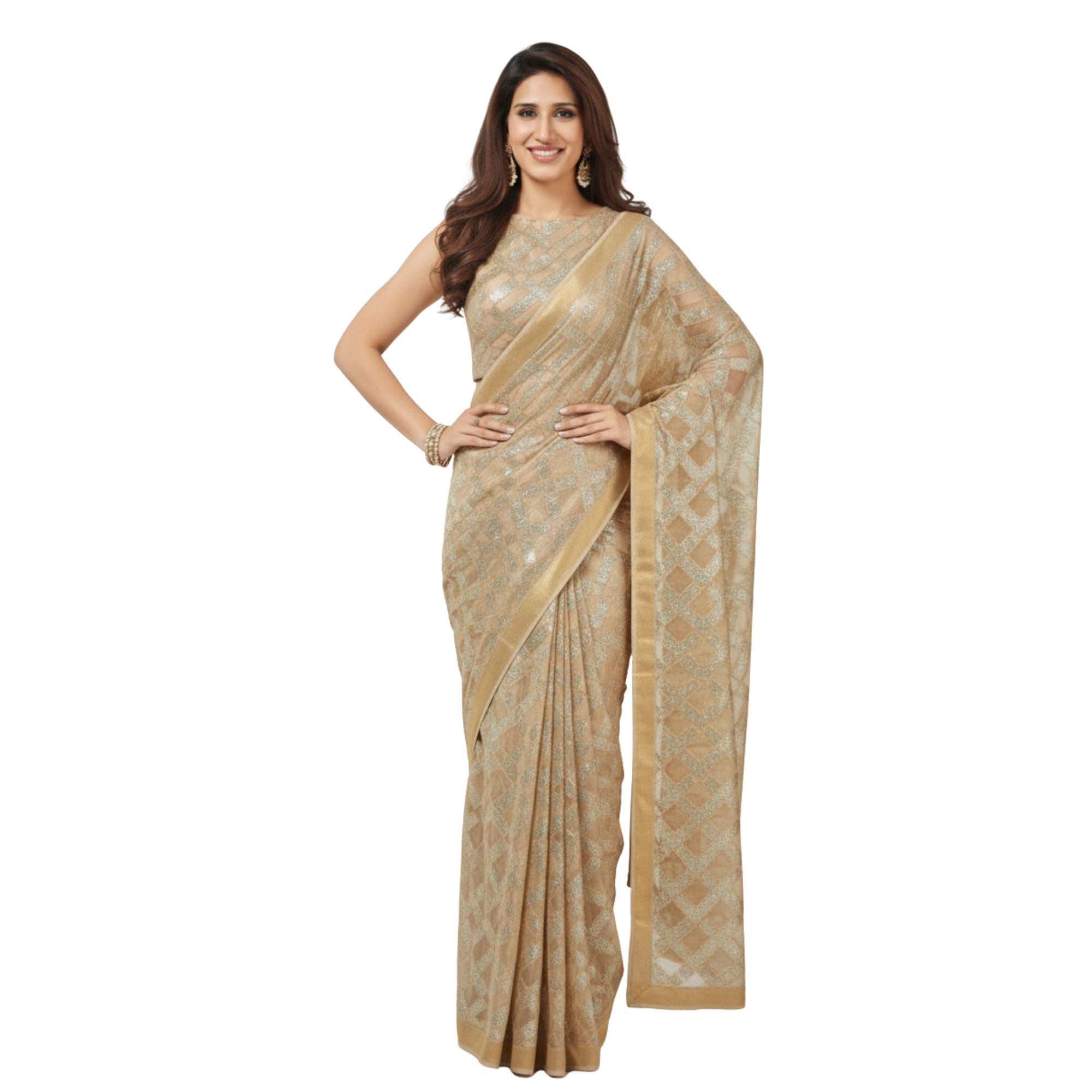 Delicate dull gold & Silver boat necked sleeveless net, padded blouse with side opening
