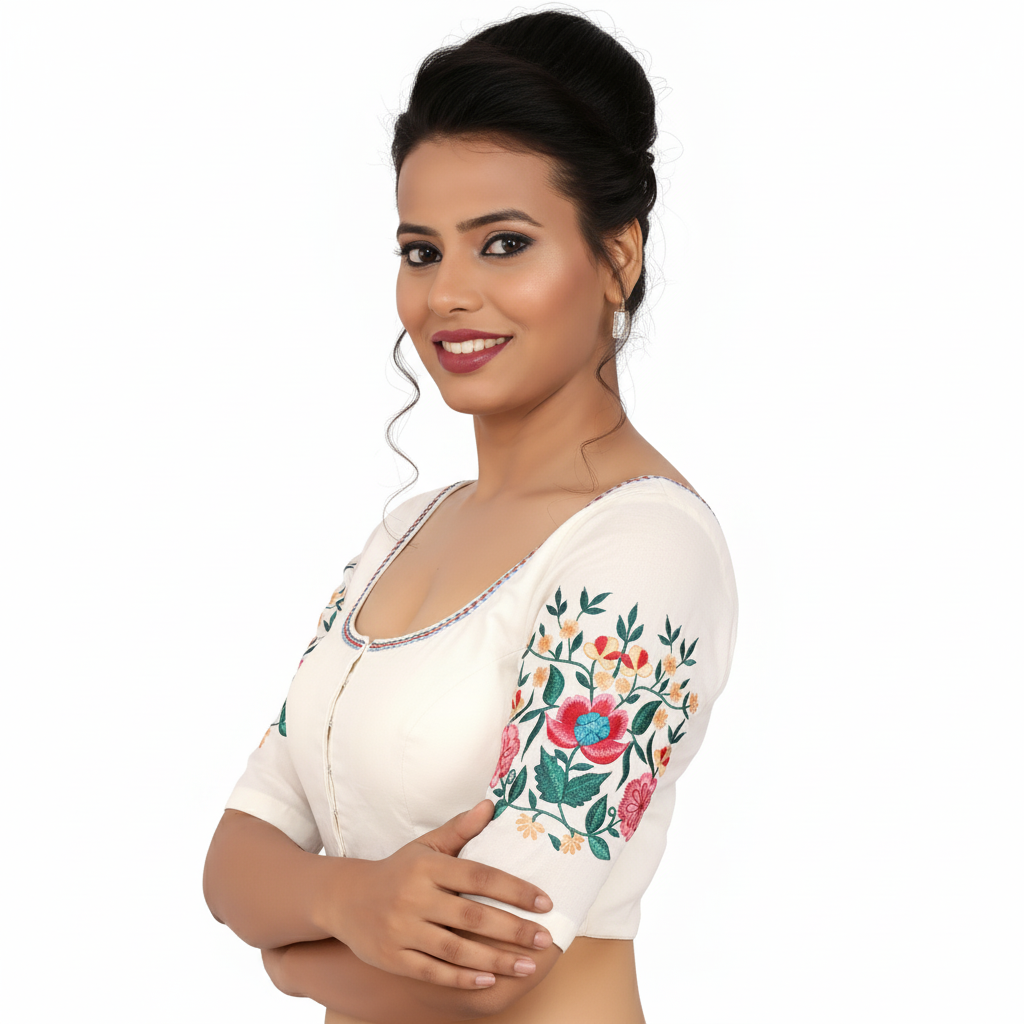 White Cotton Padded Blouse with Embroidered Half Sleeves & Front Opening.