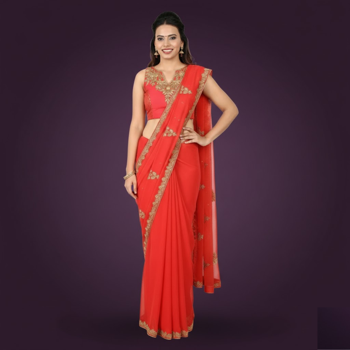 Red Kurta neck, sleeveless pretty blouse with gold hand embroidery work padded blouse.