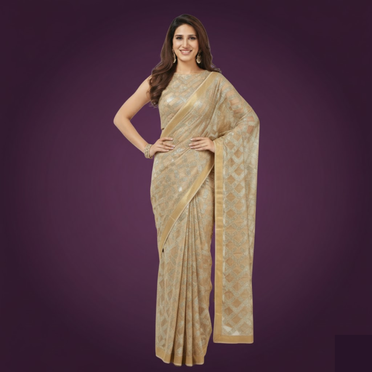 Delicate dull gold & Silver boat necked sleeveless net, padded blouse with side opening.