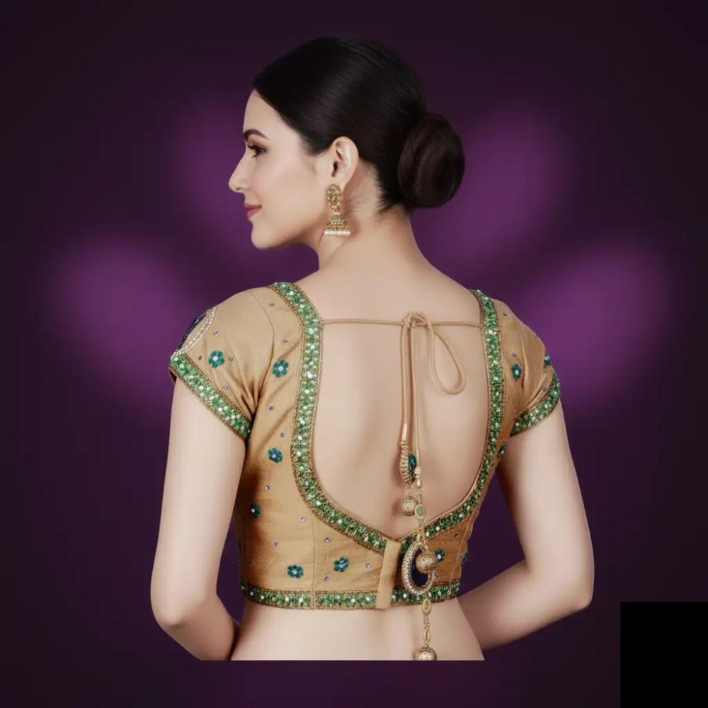 Elegant Beige Embellished Blouse with Floral Design.