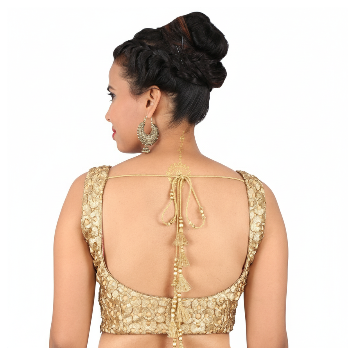 Elegant gold U-neck sleeveless brocade blouse with side opening.