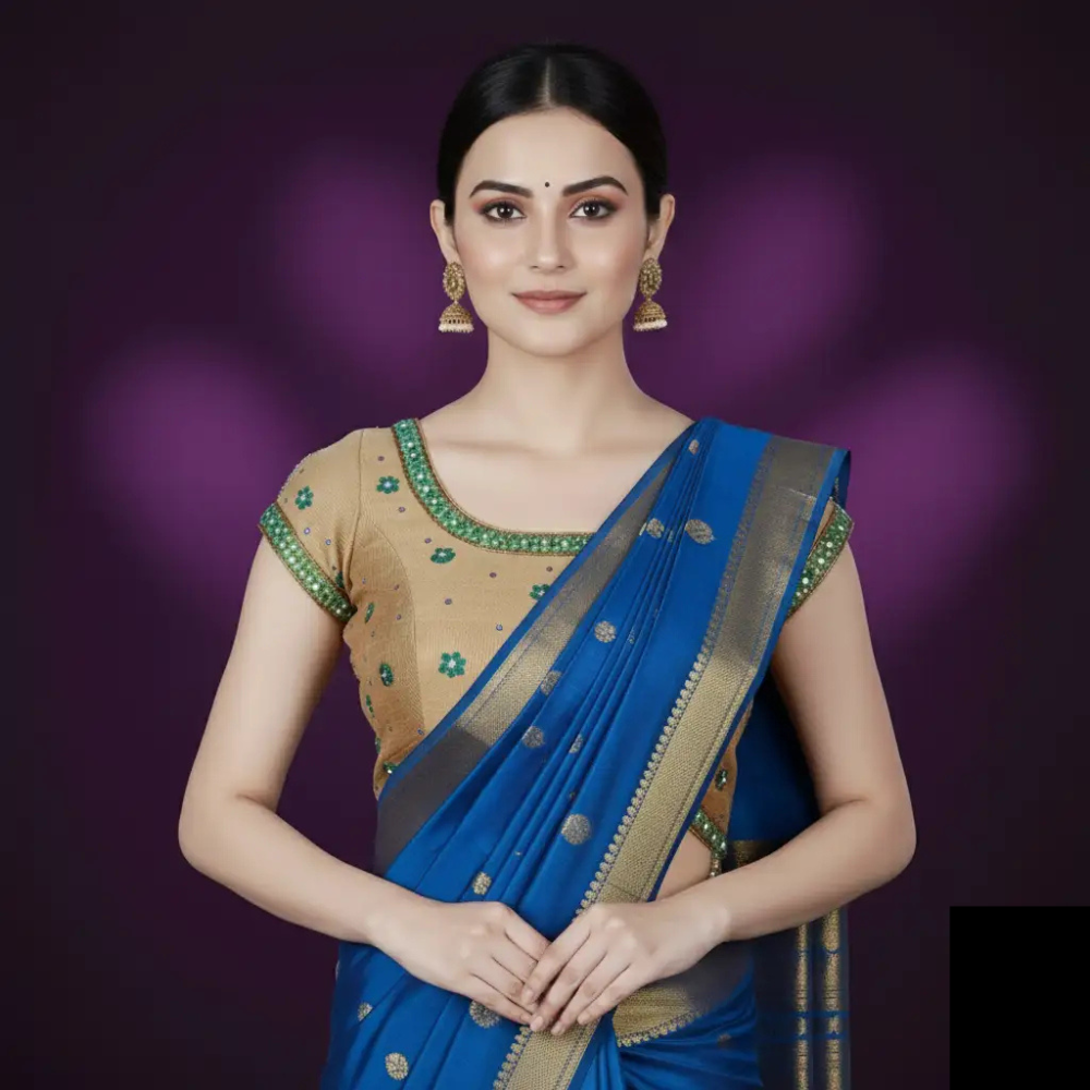 Elegant Beige Embellished Blouse with Floral Design.