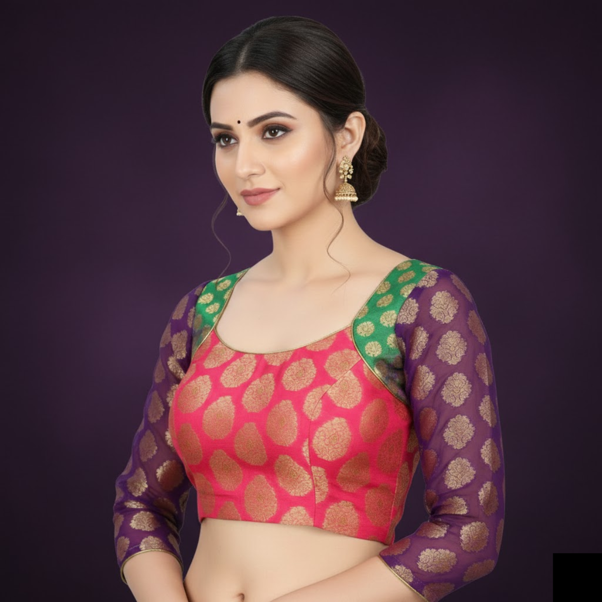Rani Pink Brocade Blouse with Sheer Purple & Gold Sleeves.