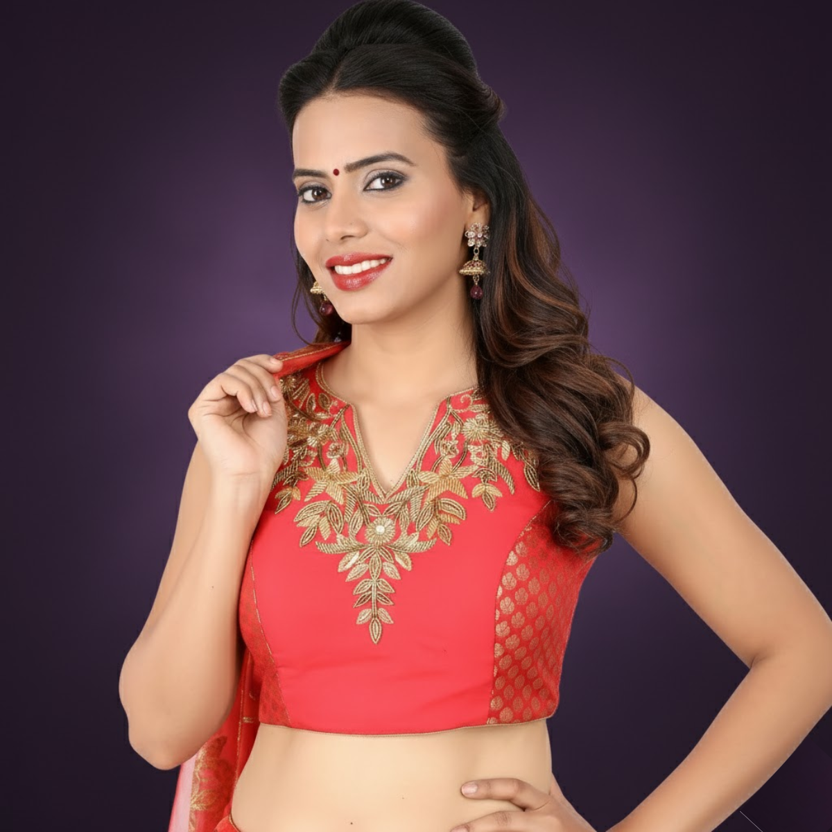 Red Kurta neck, sleeveless pretty blouse with gold hand embroidery work padded blouse.
