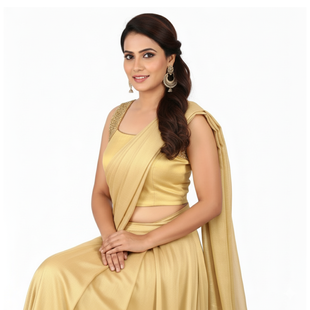 Designer gold blouse with embroidered arm band and side opening.