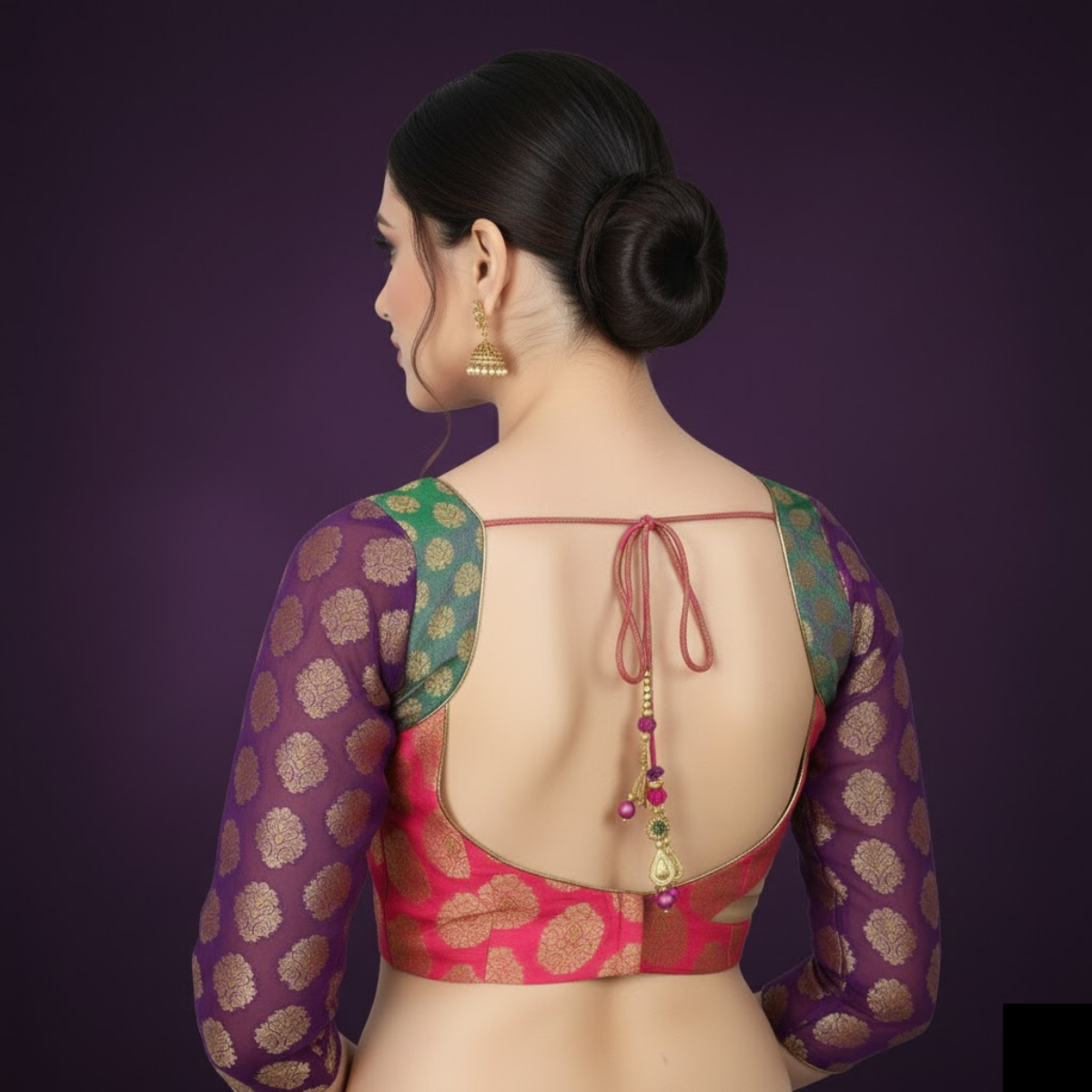  Rani Pink Brocade Blouse with Sheer Purple & Gold Sleeves.