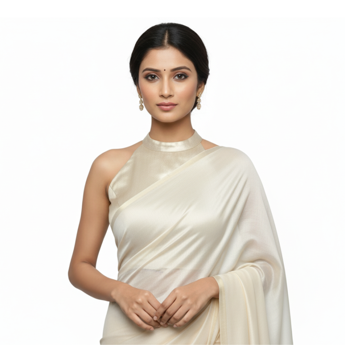 Sober light gold sleeveless V-neck brocade blouse, padded with side opening.