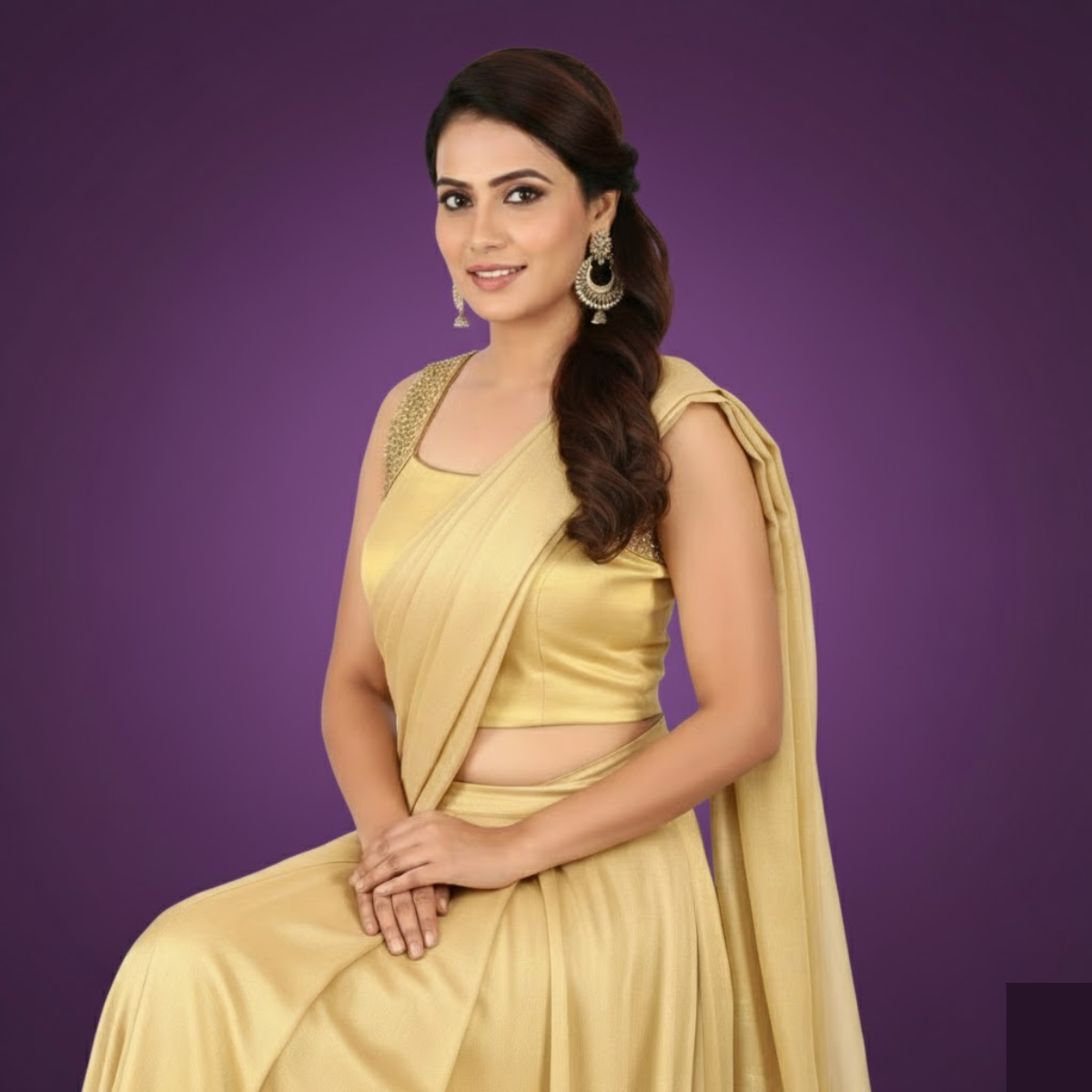 Designer gold blouse with embroidered arm band and side opening.