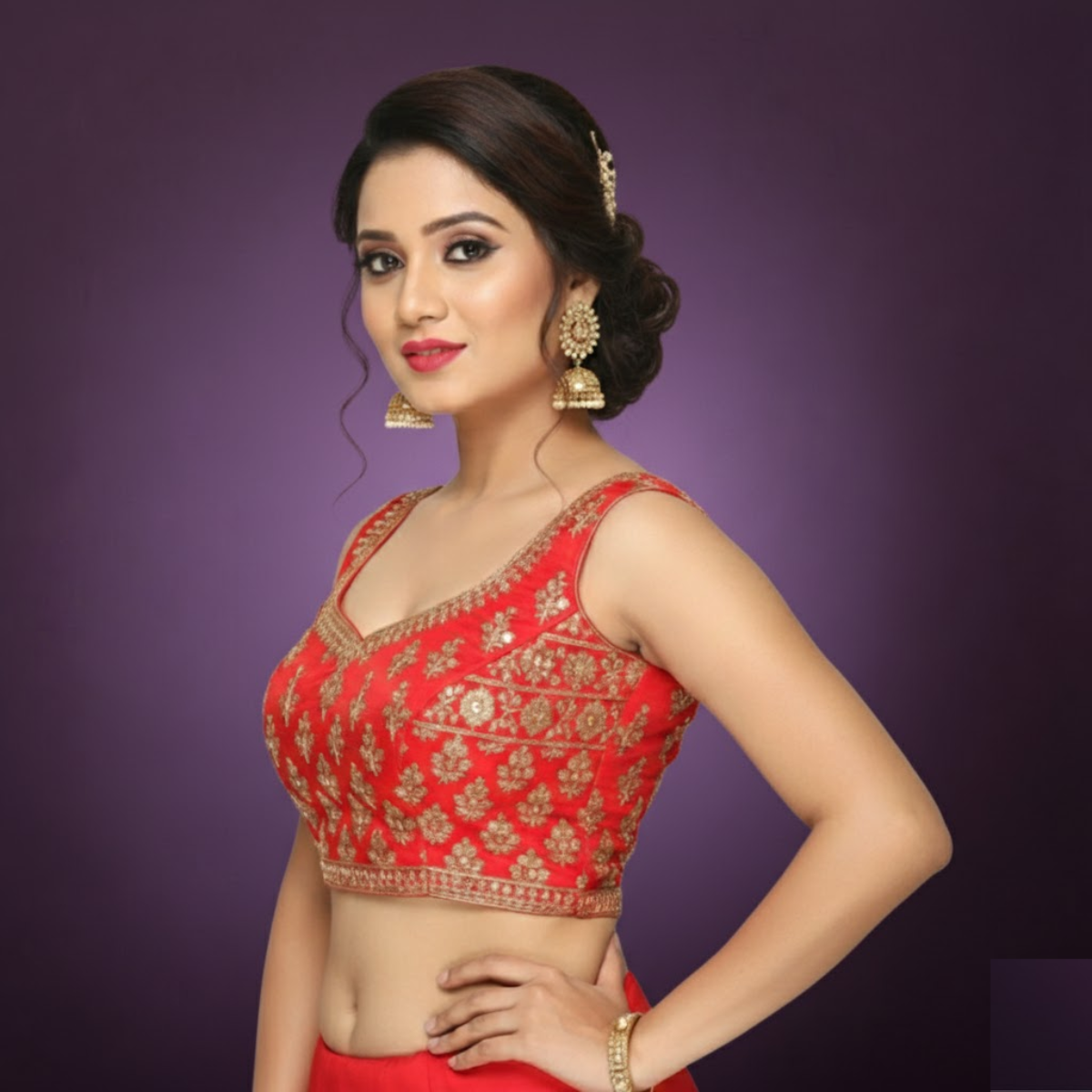 Red Silk Blouse with V-Neck & Mega Sleeves in Bengal Silk.