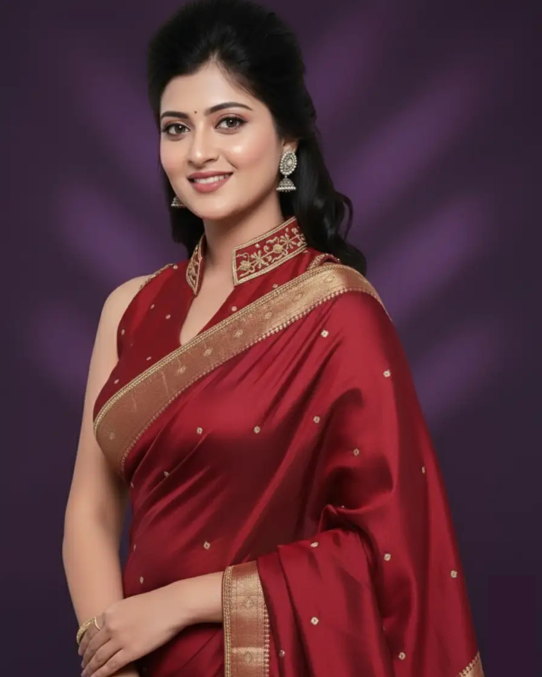 Rich Red Blouse with Intricate Golden Work and High Neck.