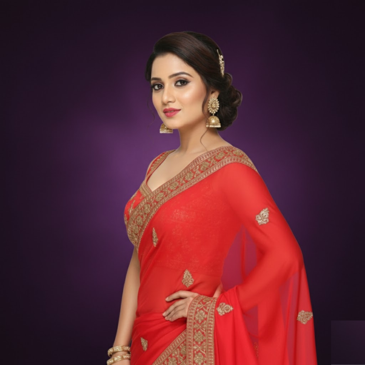 Red Silk Blouse with V-Neck & Mega Sleeves in Bengal Silk.