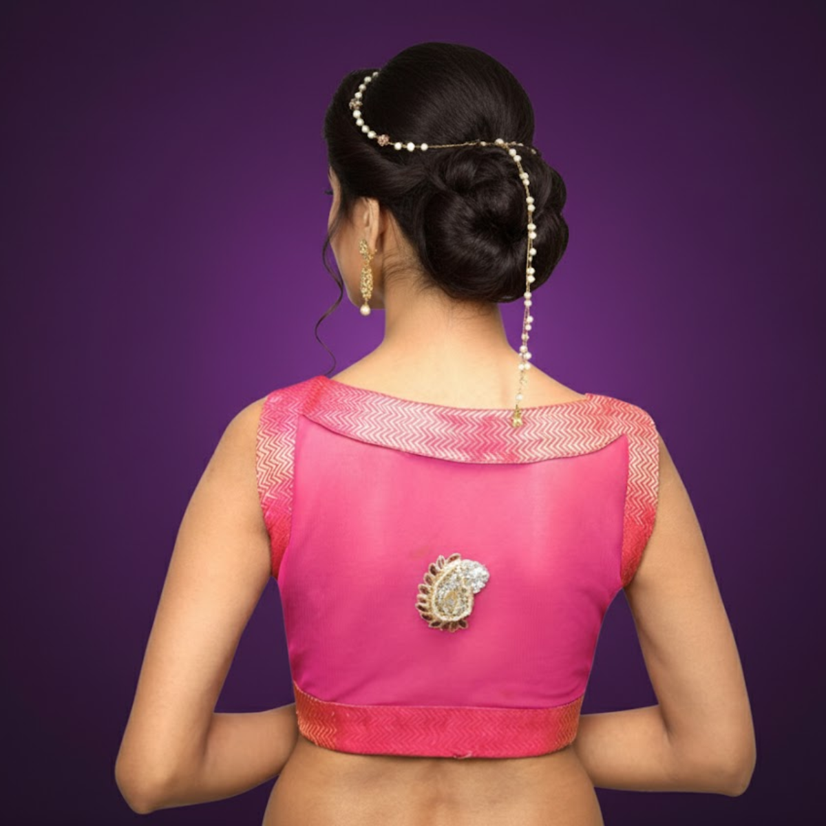 Pink Brocade Boat Neck Plunge Blouse.