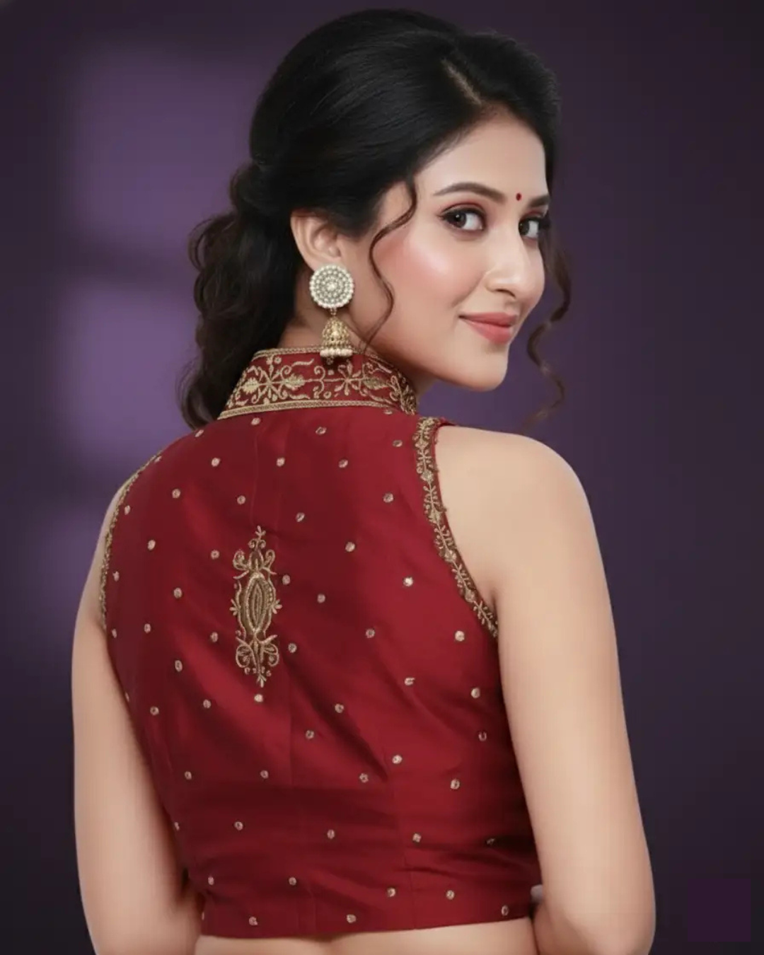 Rich Red Blouse with Intricate Golden Work and High Neck.