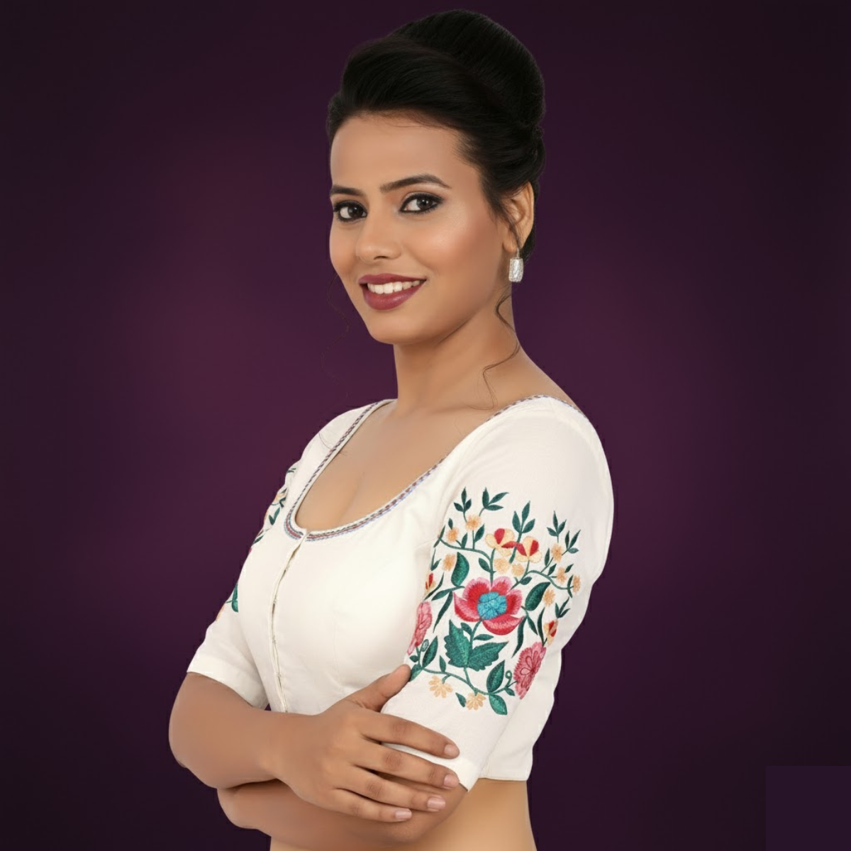 White Cotton Padded Blouse with Embroidered Half Sleeves & Front Opening.