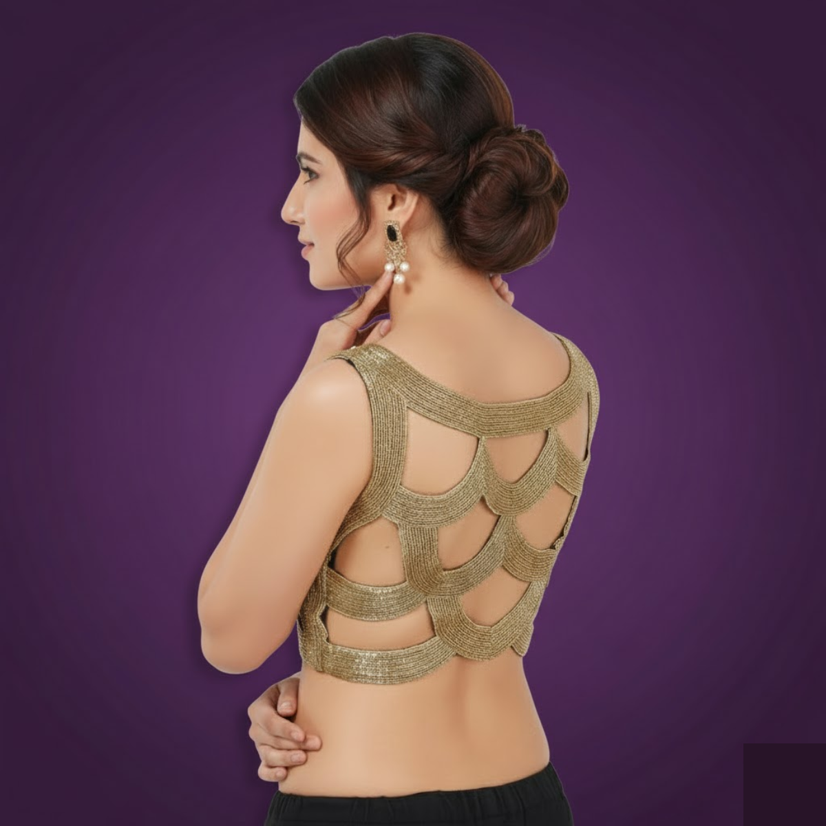 Delicate Handwork Boat Neck Brocade Blouse with Stunning Back.