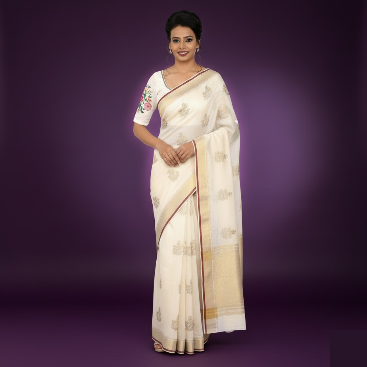 White Cotton Padded Blouse with Embroidered Half Sleeves & Front Opening.