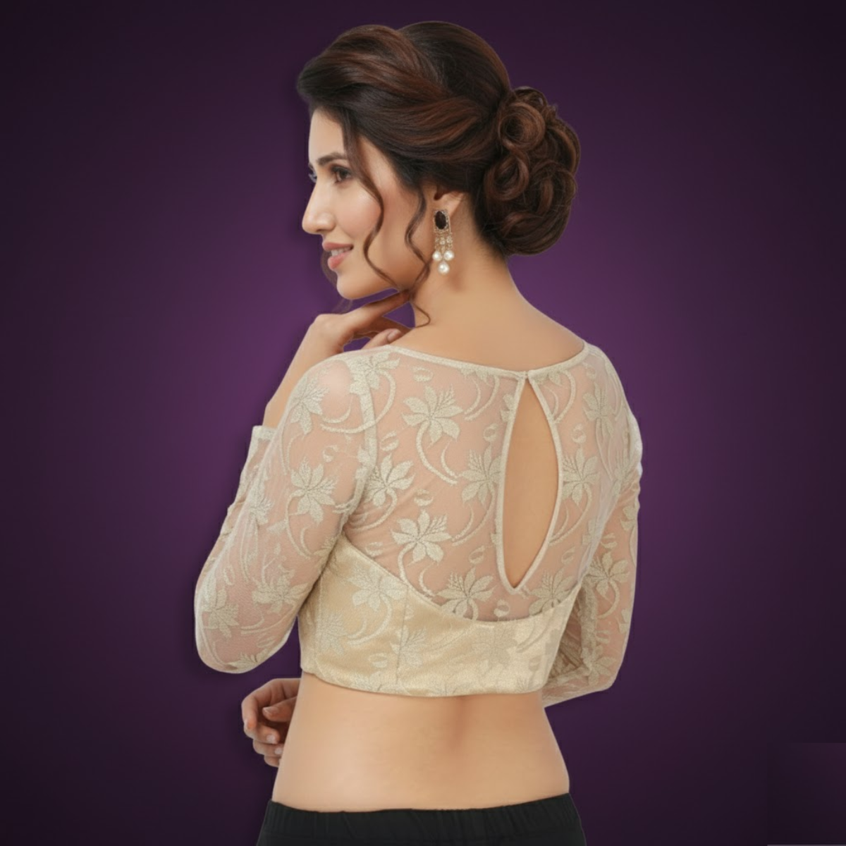 Elegant Light Gold Lace Boat Neck Blouse with Transparent Sleeves.