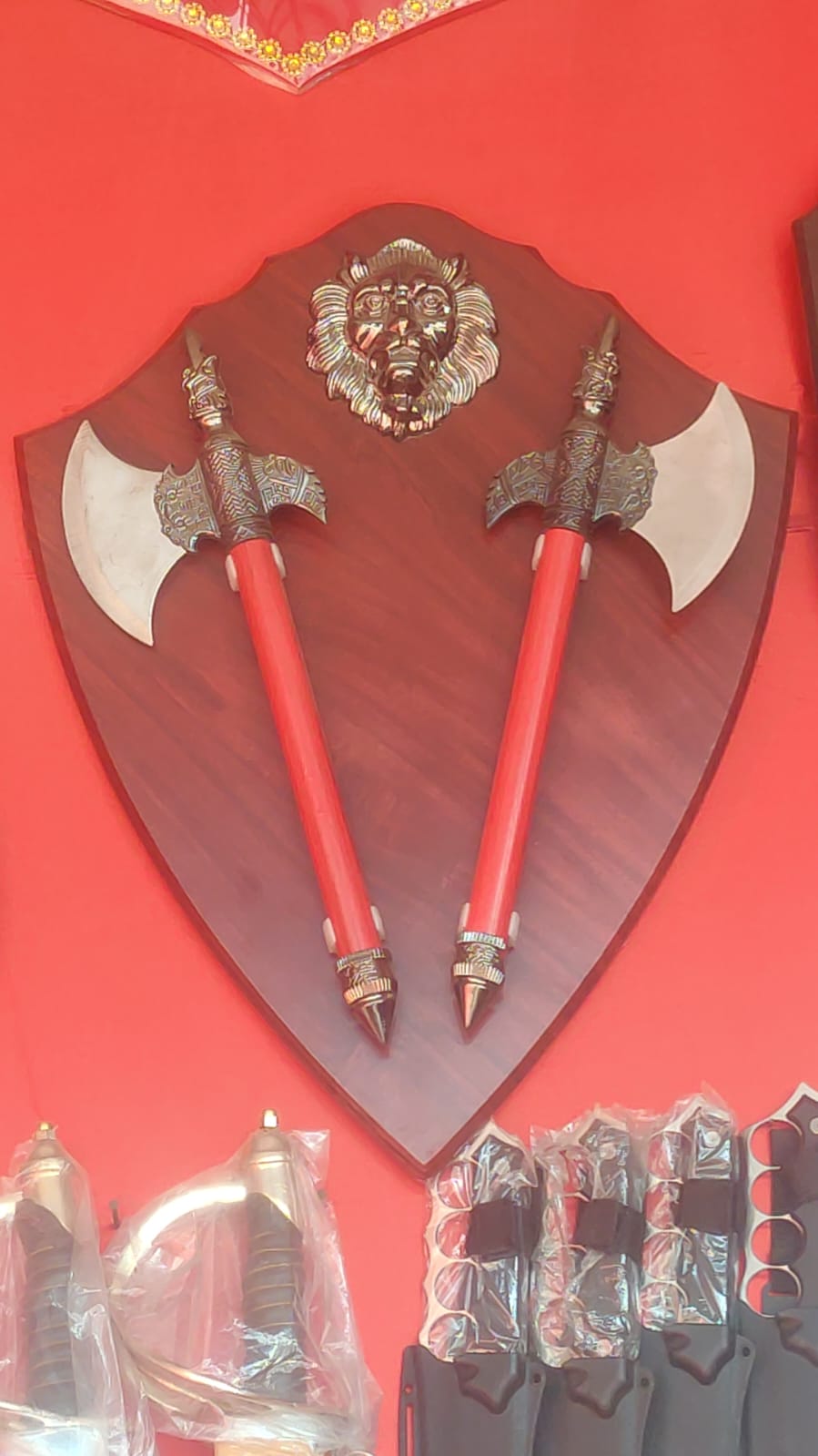 Medieval Double Axe Set with Lion Plaque
