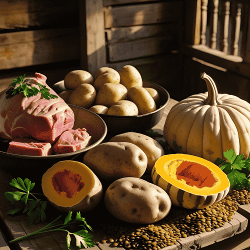 Fresh Farm Produce Mutton 1kg, Potata 1Kg, Cockneck Pumpkin 1kg,  Lentil 1kg 1100 BDT