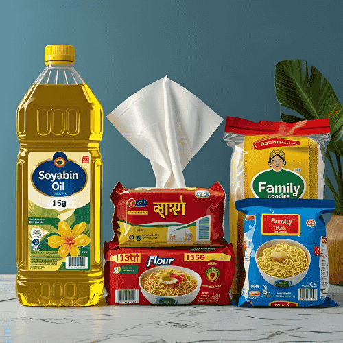 Assorted Food and Household Items Soyabin Oil 5L, Detergent RIN 1kg,ACI Salt 1Kg, Bashundhara Toilet Tissue 1 Piece, Family Noodles 1 Pack, Flour 1kg Combo Pack 1358 BDT